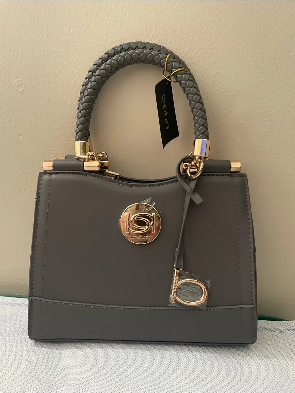 bebe Braided-Handle Gray Satchel with Gold Hardware cross body bag